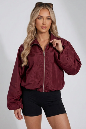 Wine windbreaker jacket with front zipper, stand collar, and elastic cuffs