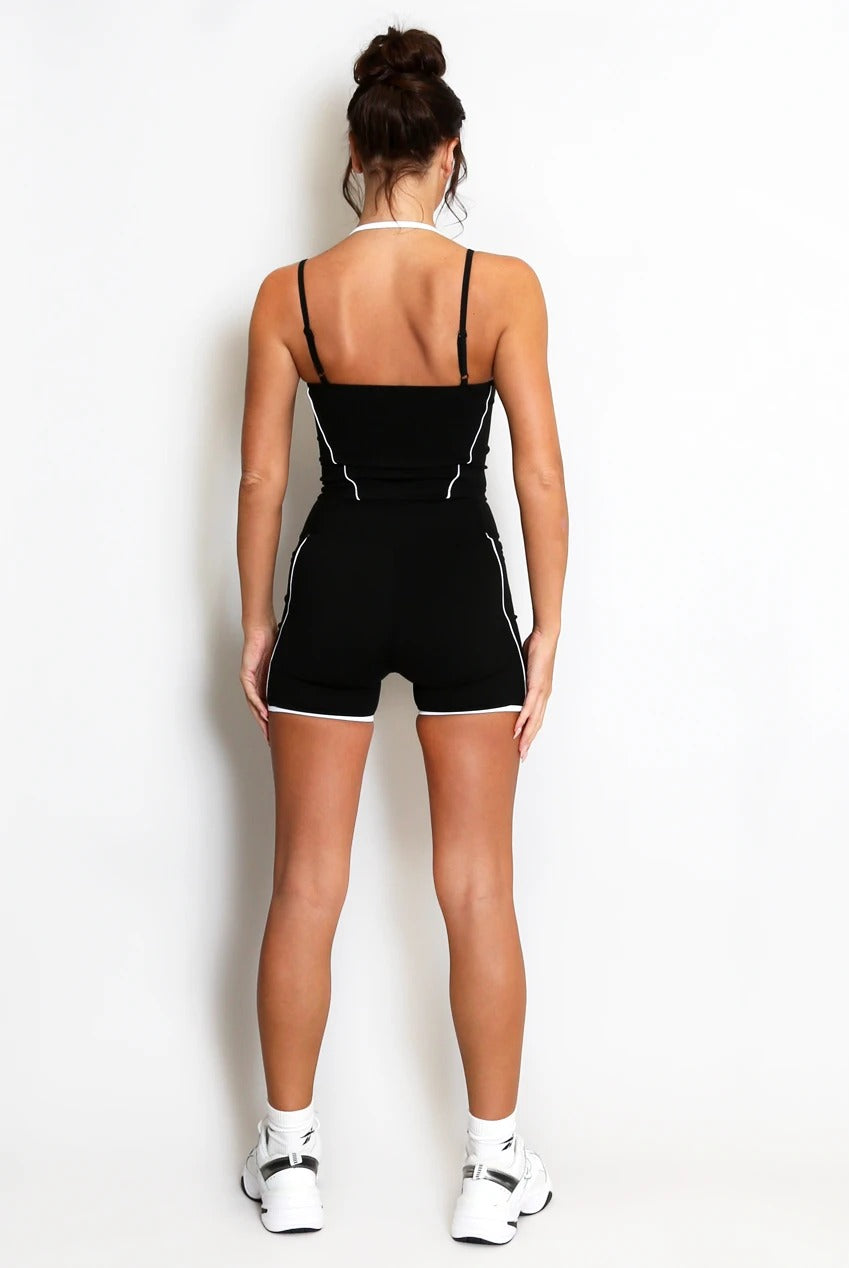Double Strap Contrast Piping Vest And Shorts Gym Set - Ottilie