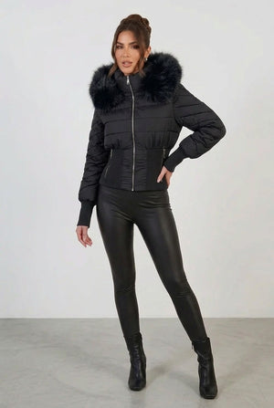 Cropped black faux-fur hood puffer jacket with zip front