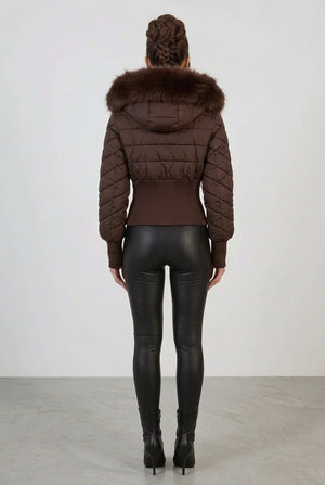 Back view brown cropped faux-fur hood puffer jacket with zip