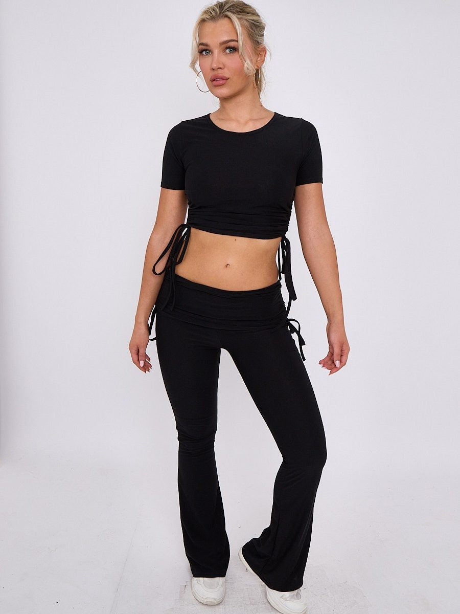 Black Ruched Crop Top & Fold Over Flared Trouser Co-ord - Delilah - Storm Desire