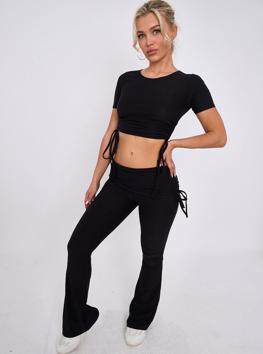 Black Ruched Crop Top & Fold Over Flared Trouser Co-ord - Delilah - Storm Desire