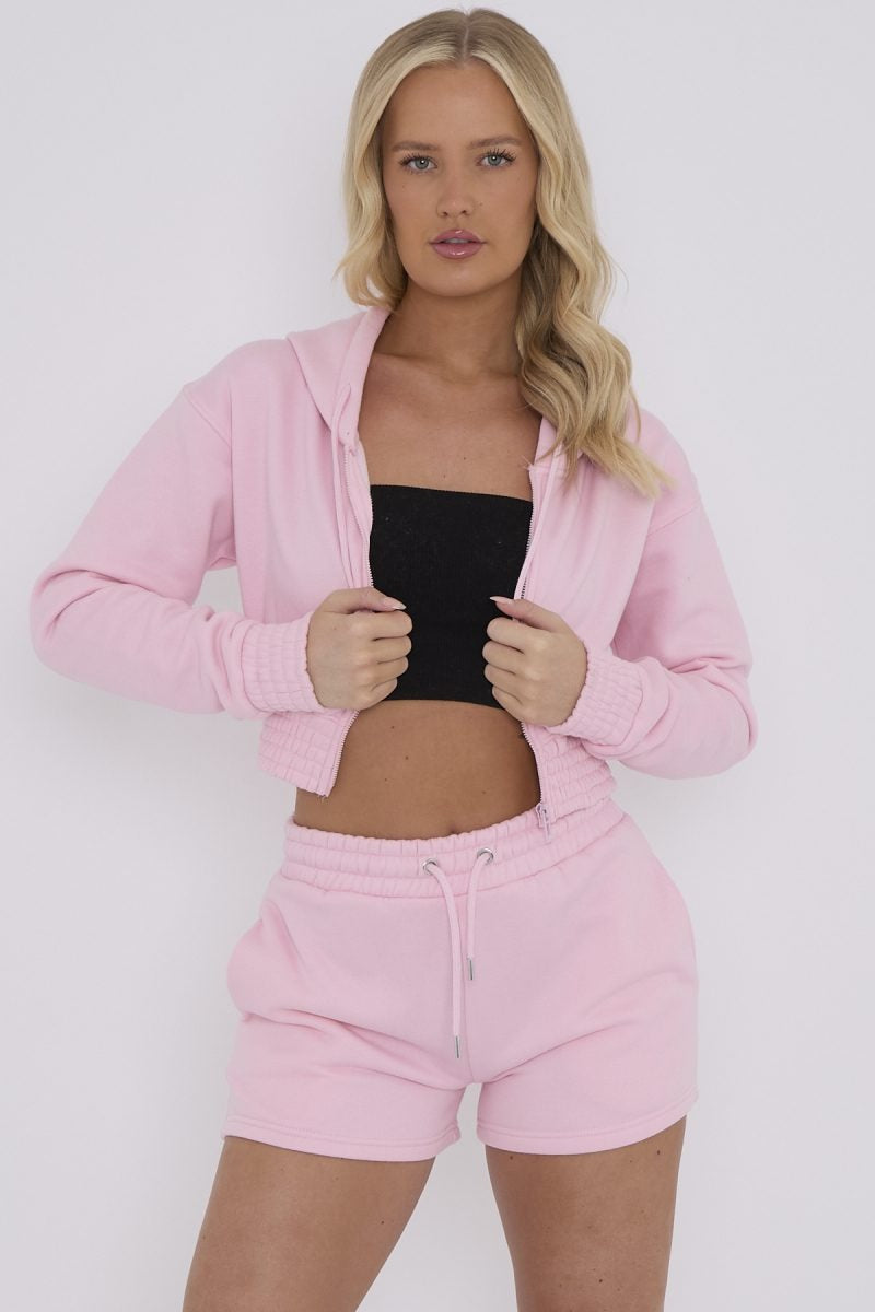 Pink Cropped Zip Up Hoodie & Shorts Fleece Co-ord - Rylee - Storm Desire
