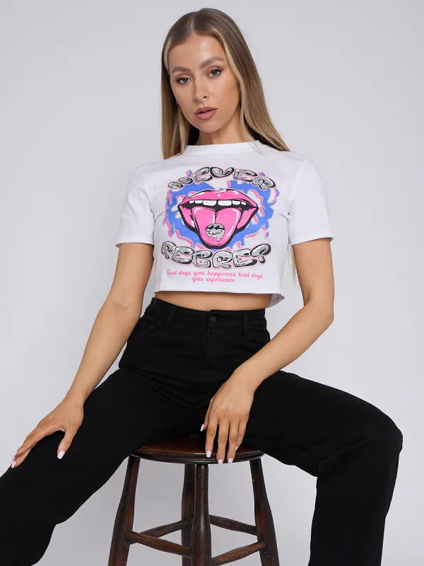White Never Regret Graphic Printed Crop Top - Tanni