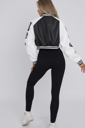 Faux Leather Crop Varsity Jacket - Sofia - Storm Desire