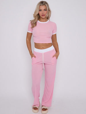 Ribbed Crop Top & Wide Leg Trouser Co-ord - Magnolia - Storm Desire