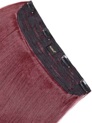 Straight hair extension weft, burgundy hair on black weft tape with stitching