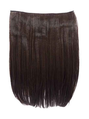 Straight hair extension weft in warm dark brown, blunt cut top and dense strands