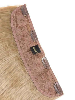 Caramel blonde straight hair extension weft with stitched attachment label and clips