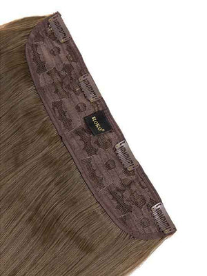 Straight hair extension weft with stitched dark blonde weft label