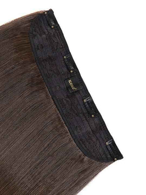 Warm dark brown straight hair with black weft panel and stitched attachment points
