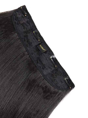 Straight hair extension weft with dark weft tape and clips on edge