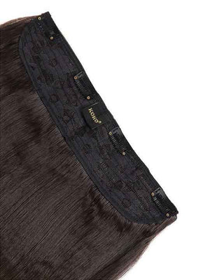 Straight hair extensions in dark brown, stitched weft edge with snap clips