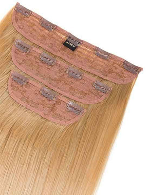 Caramel blonde weft hair extension with visible stitched weft tabs on hair panel.