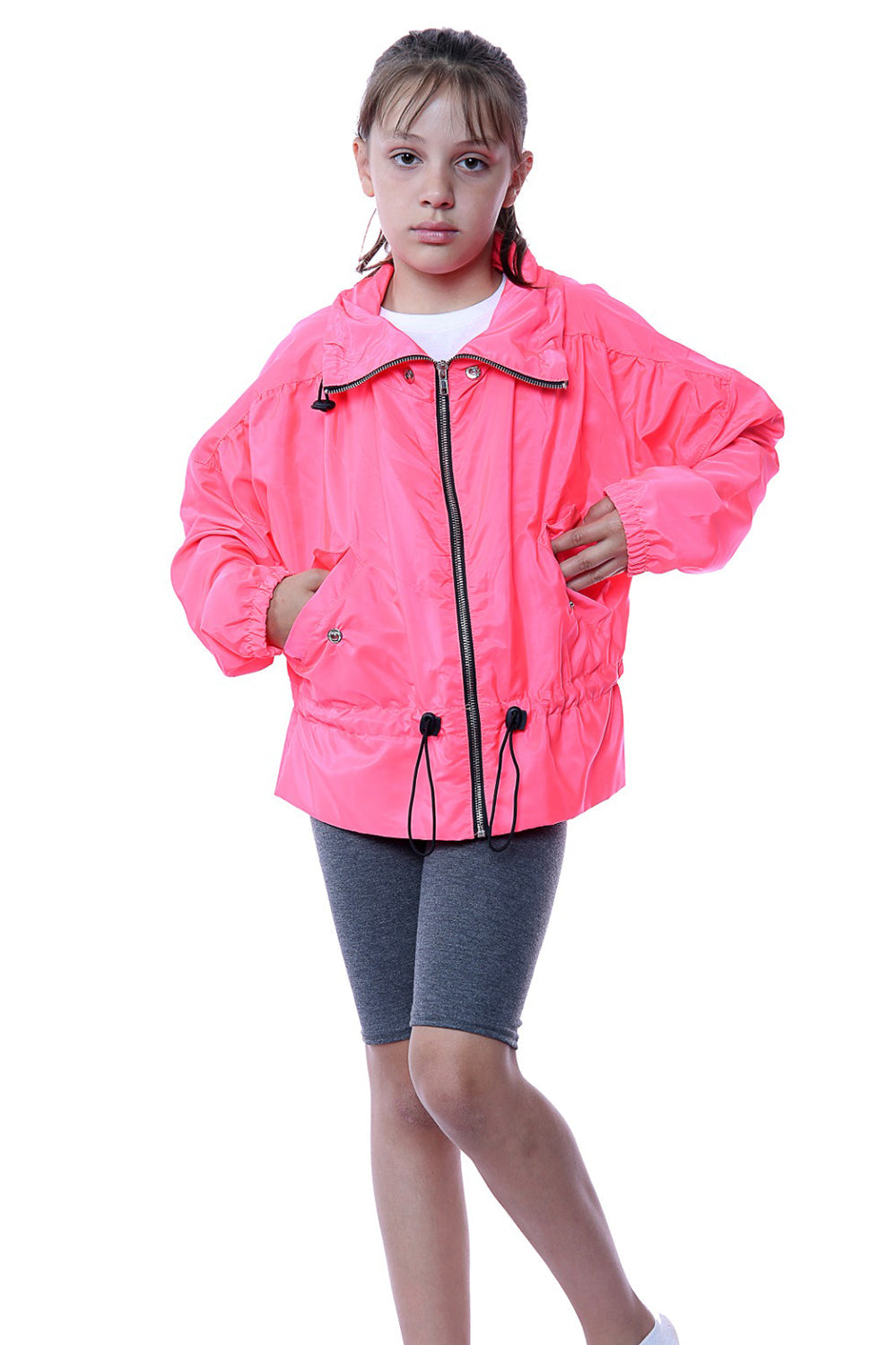 Kids Neon Pink High Neck Hooded Festival Jacket - Parker - Storm Desire