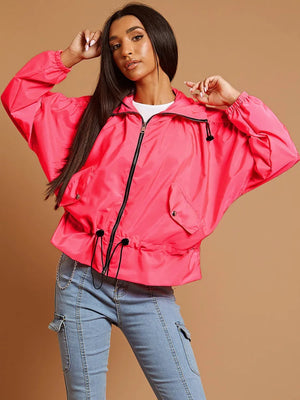 Neon Pink High Neck Hooded Festival Jacket - Parker - Storm Desire