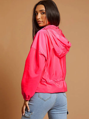 Neon Pink High Neck Hooded Festival Jacket - Parker - Storm Desire
