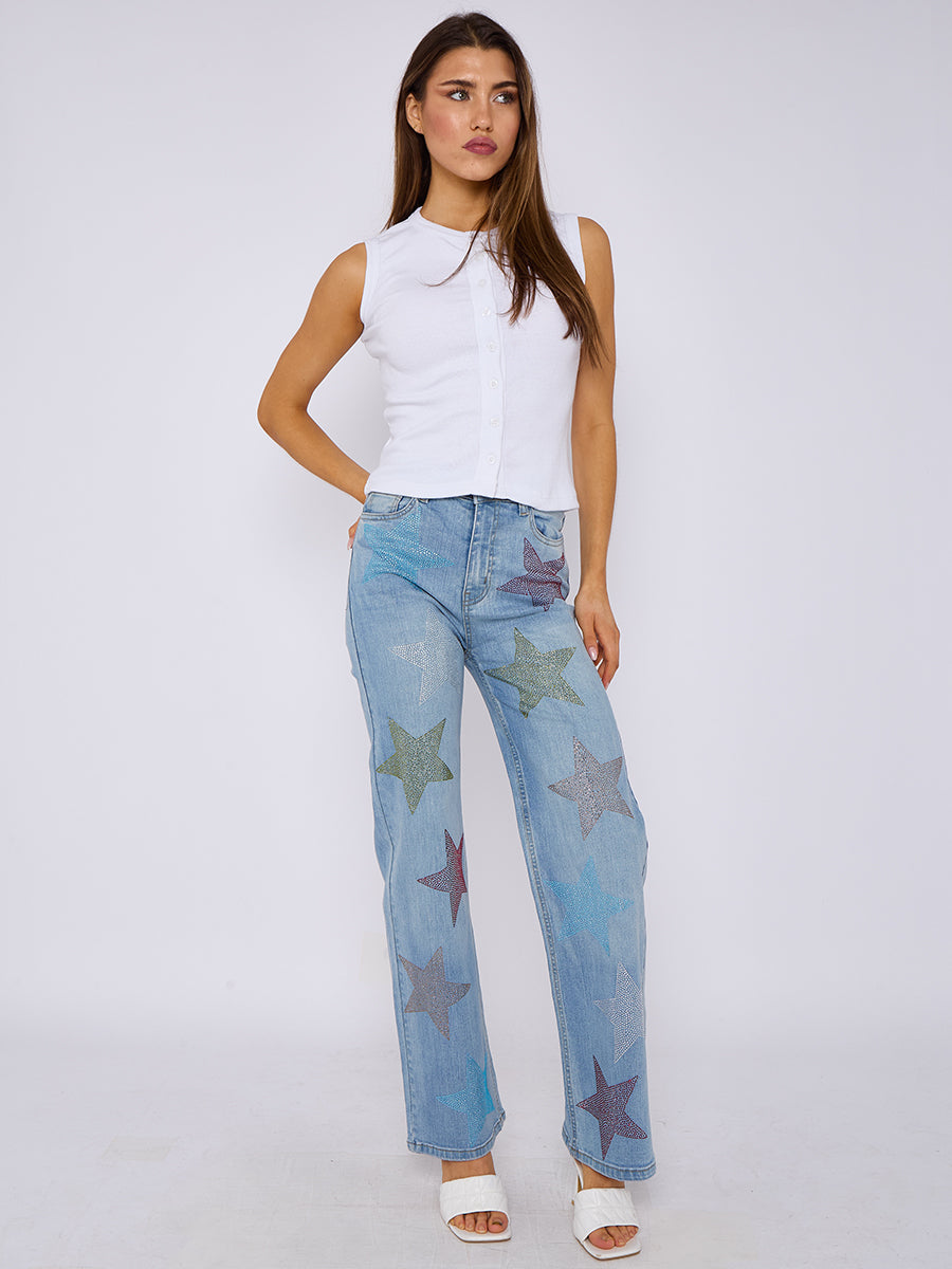 Star Studded Diamante Straight Leg Denim Jeans - Reyna - Storm Desire