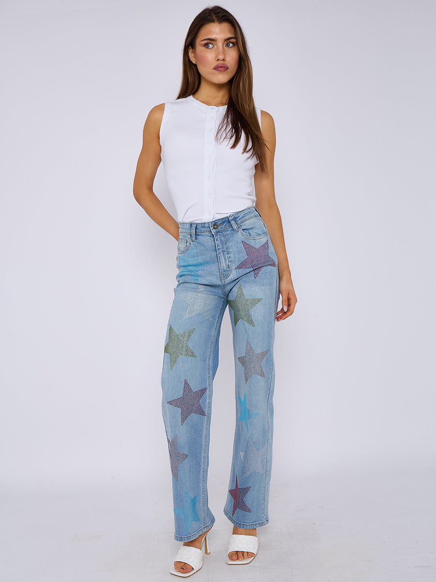 Star Studded Diamante Straight Leg Denim Jeans - Reyna - Storm Desire