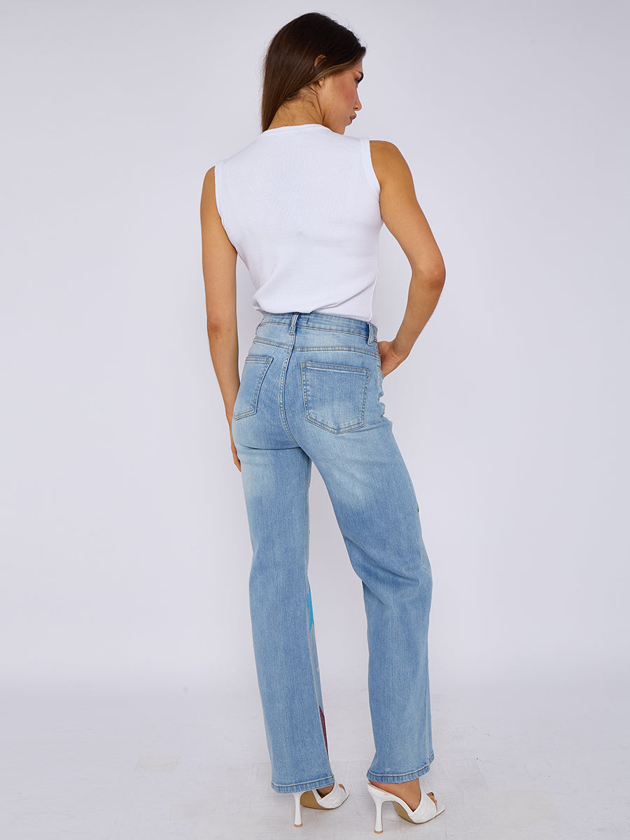 Star Studded Diamante Straight Leg Denim Jeans - Reyna - Storm Desire