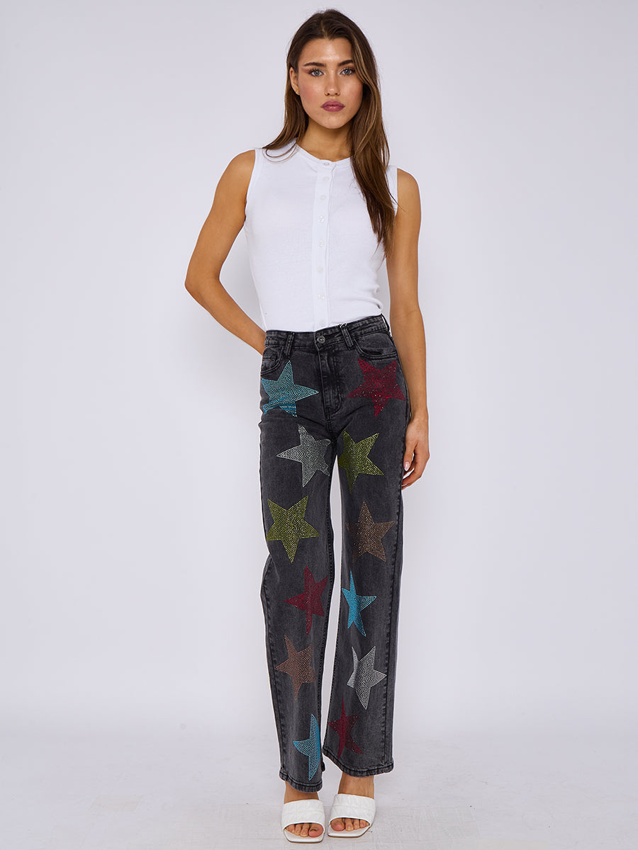 Star Studded Diamante Straight Leg Denim Jeans - Reyna - Storm Desire