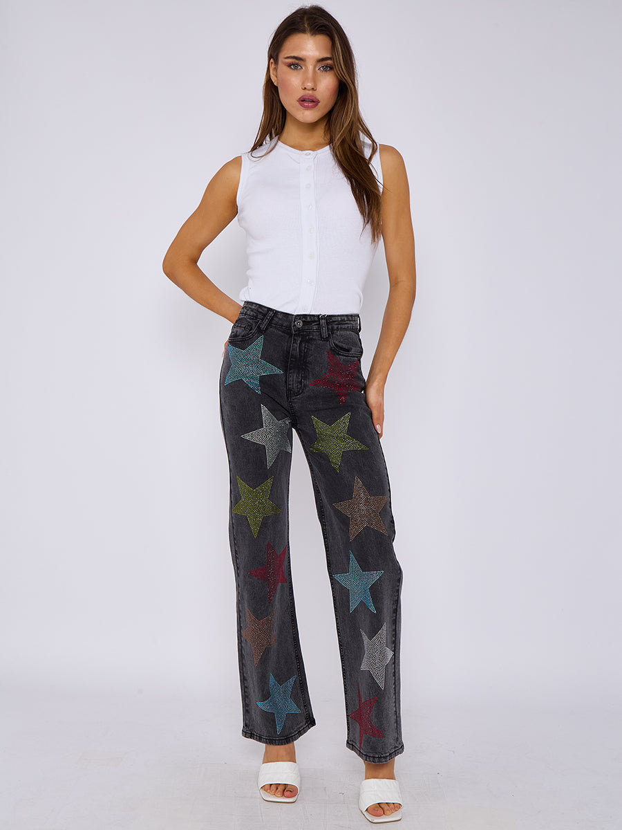 Star Studded Diamante Straight Leg Denim Jeans - Reyna - Storm Desire