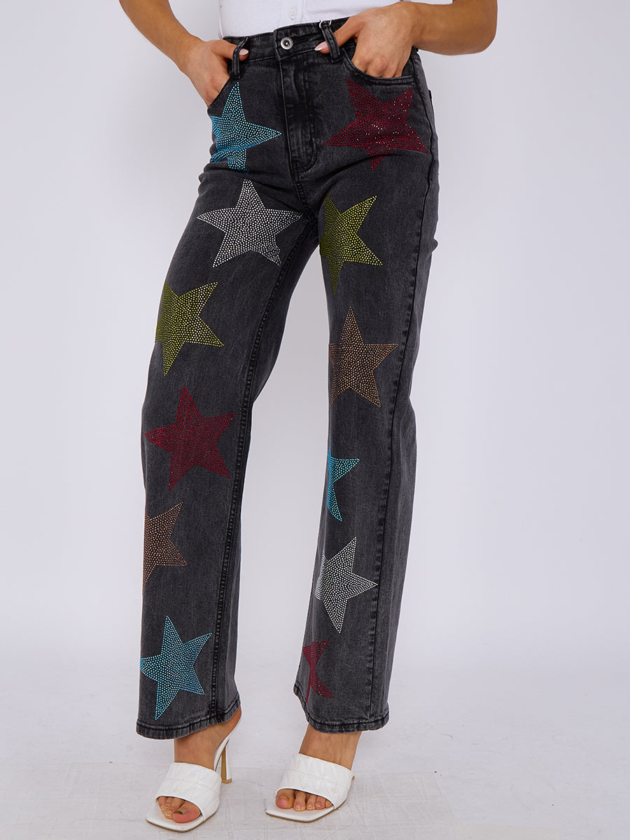 Star Studded Diamante Straight Leg Denim Jeans - Reyna - Storm Desire