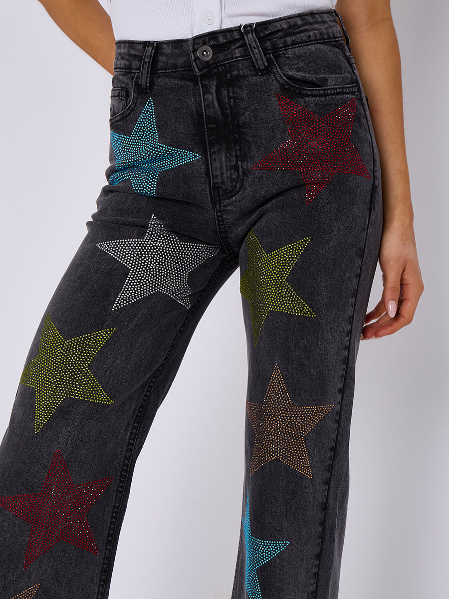 Star Studded Diamante Straight Leg Denim Jeans - Reyna - Storm Desire