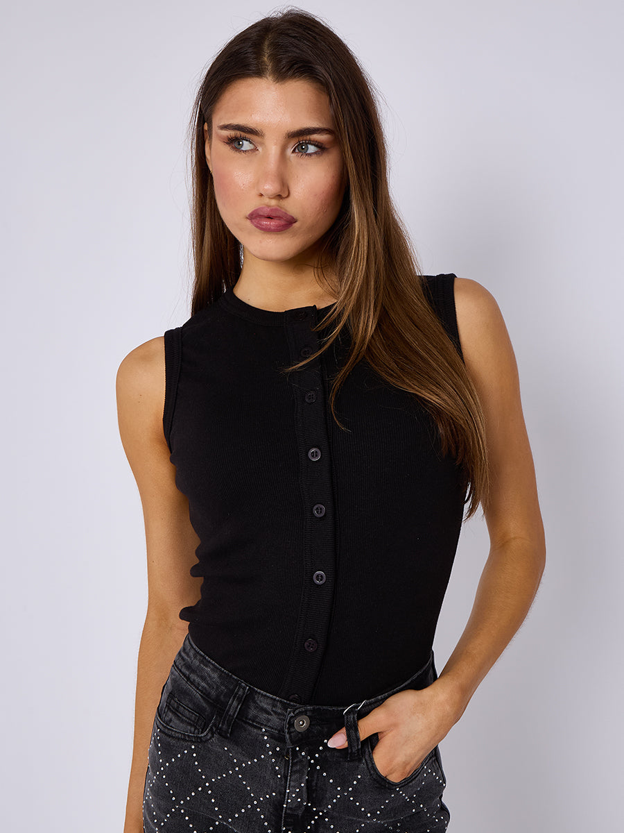 Ribbed Button Sleeveless Vest Top - Marceline - Storm Desire