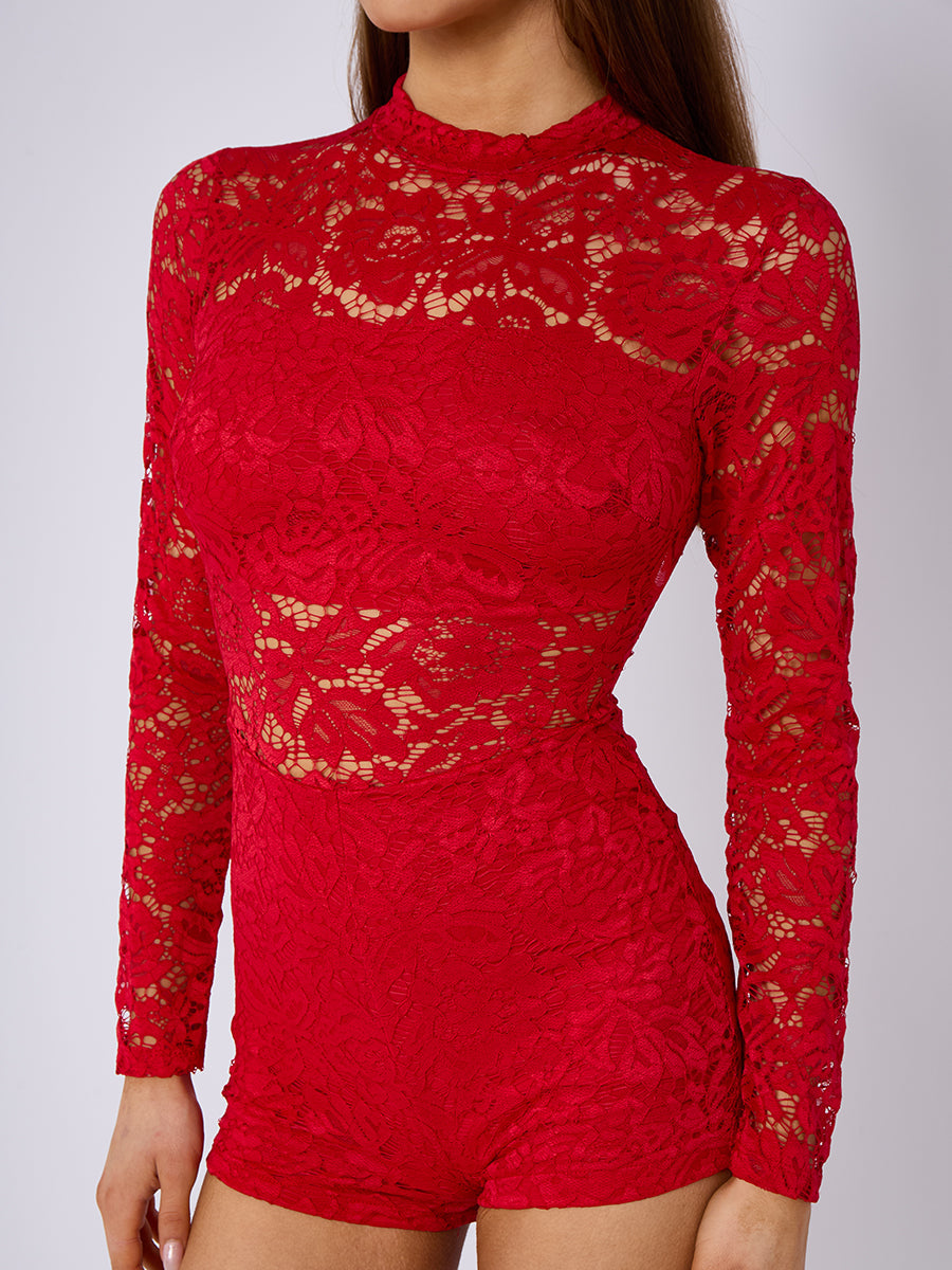 Lace High Neck Long Sleeve Playsuit - Emerie