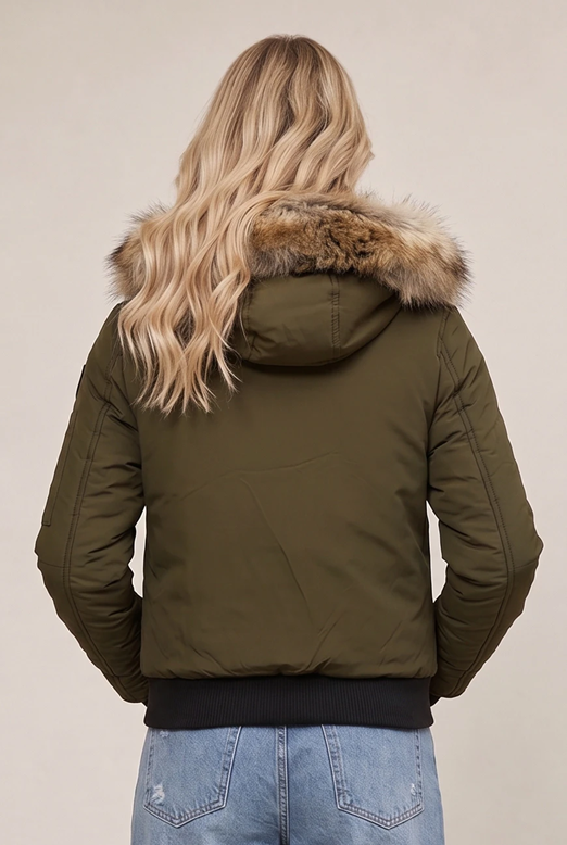 Olive green faux fur hood parka jacket, back view with zipper and rib hem