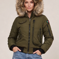 Olive green faux fur hood parka jacket with zip front and side pockets
