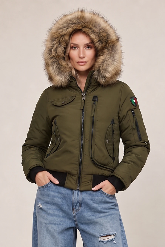 Olive green faux fur hood parka jacket with zip front and side pockets