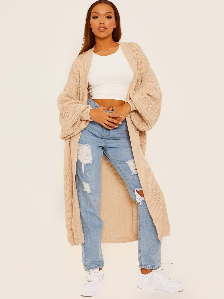 Beige Oversize Longline Knitted Cardigan - Kori - Storm Desire