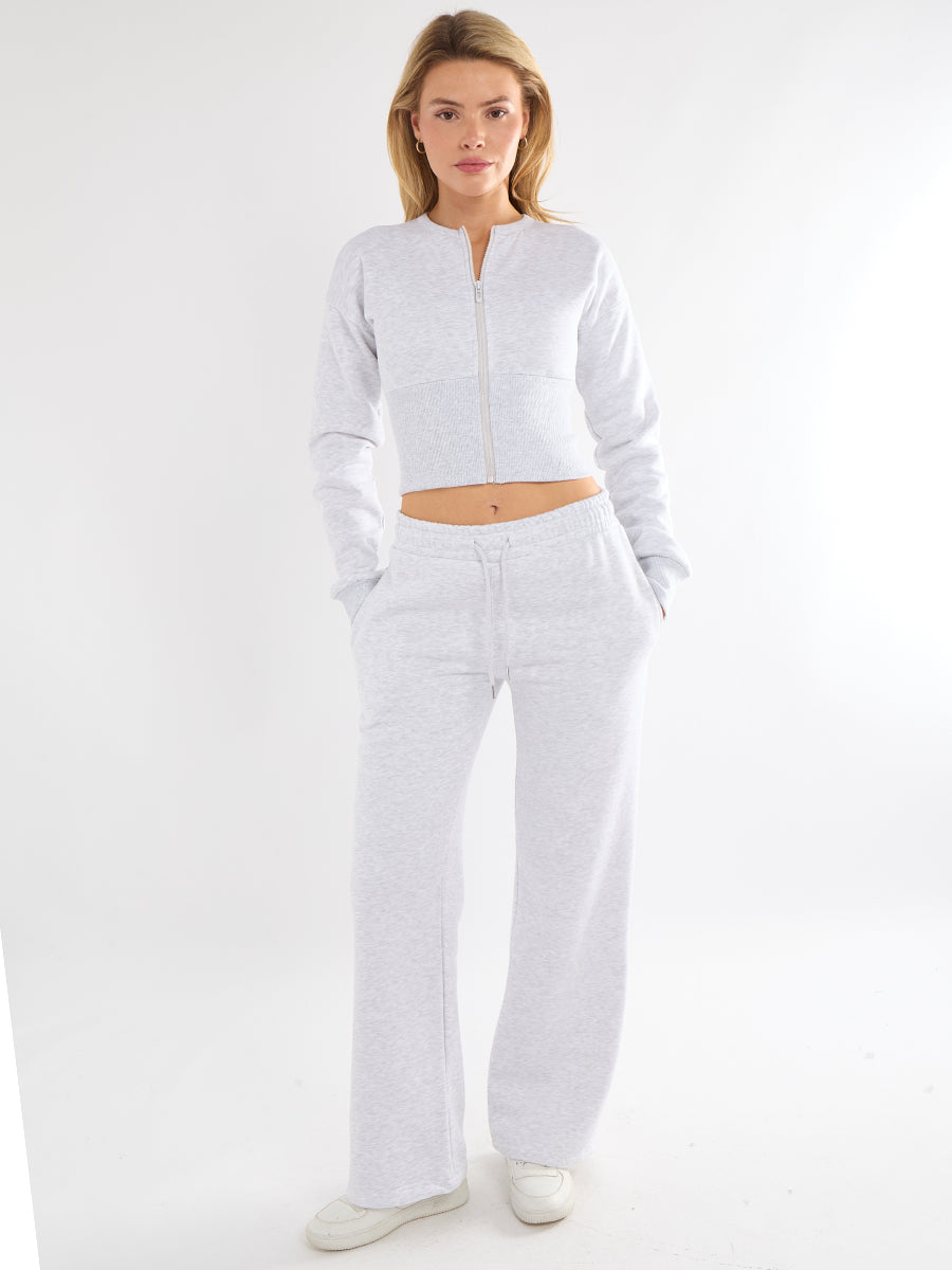 Zip Up Crop Sweatshirt & Wide Leg Trouser Tracksuit - Pearl