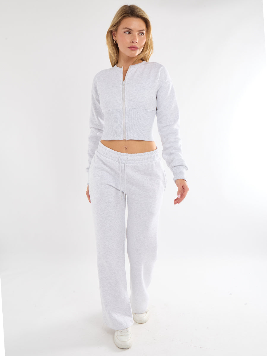 Zip Up Crop Sweatshirt & Wide Leg Trouser Tracksuit - Pearl