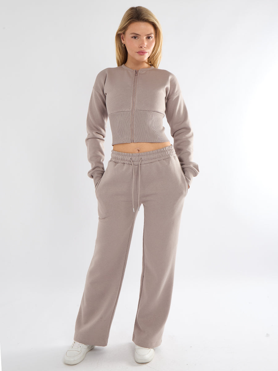 Zip Up Crop Sweatshirt & Wide Leg Trouser Tracksuit - Pearl
