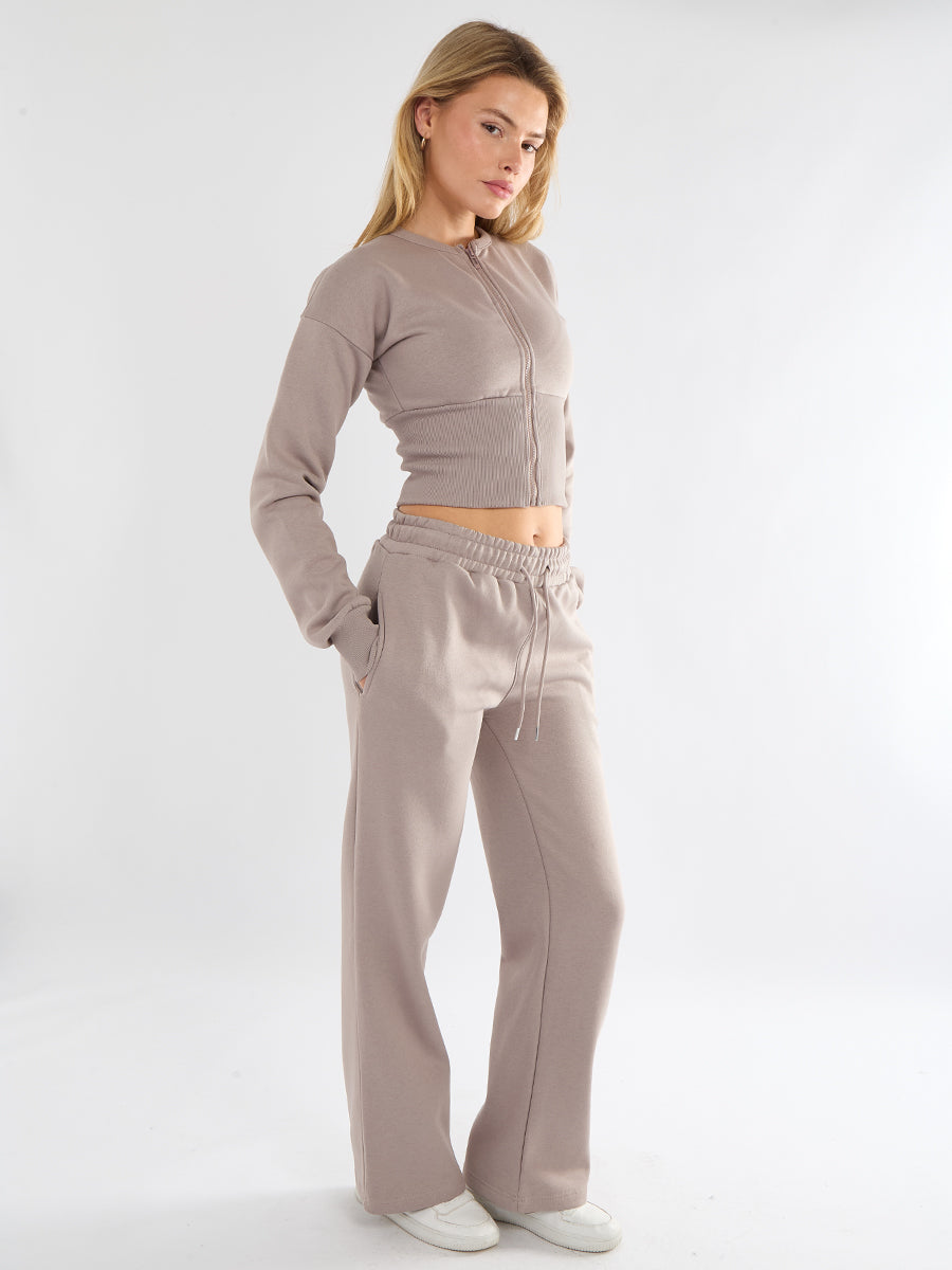 Zip Up Crop Sweatshirt & Wide Leg Trouser Tracksuit - Pearl