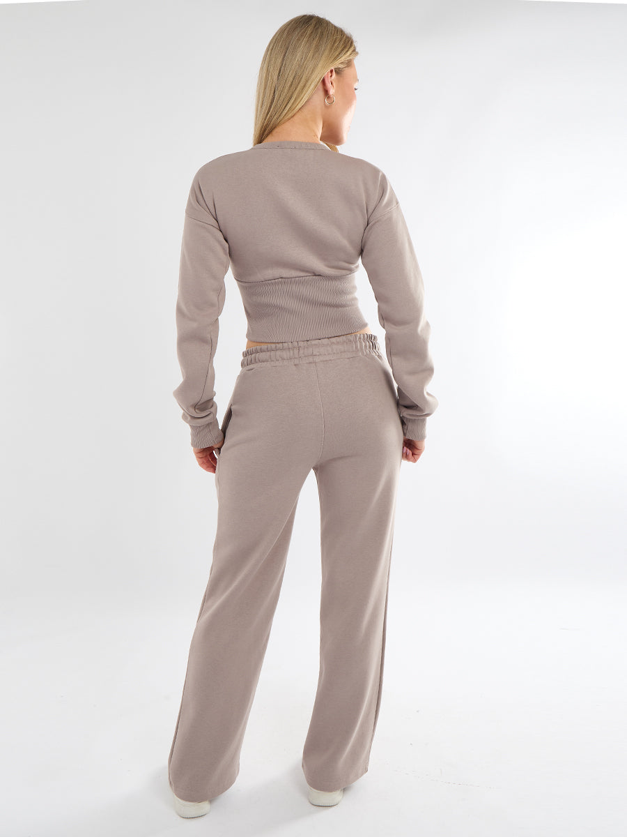Zip Up Crop Sweatshirt & Wide Leg Trouser Tracksuit - Pearl