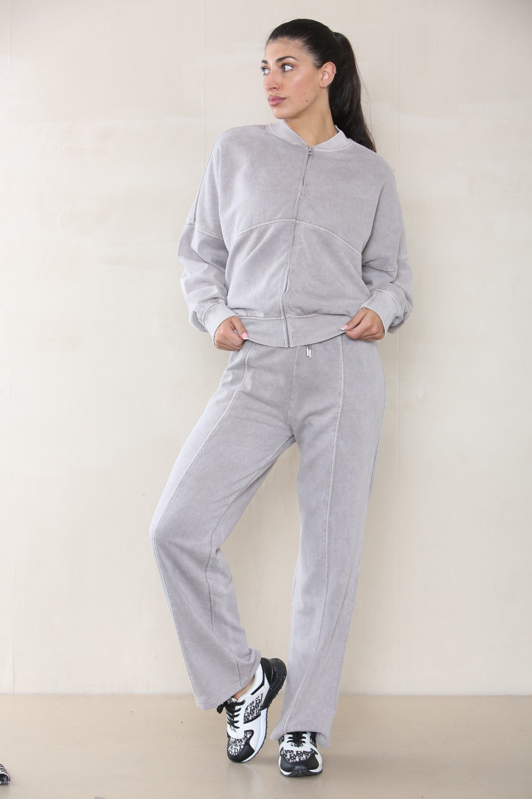 Acid Wash Bomber Style Oversize Fleece Zipper Jogger Set Sara Storm Desire