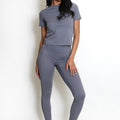 Oakley athleisure t-shirt and leggings set, blue-gray crew-neck short sleeves and fitted leggings
