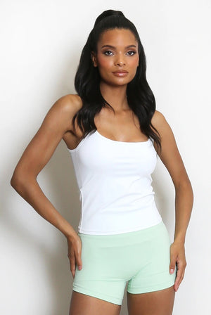 White gym cami top with spaghetti straps and scoop neckline