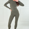 Olive long-sleeve athleisure t-shirt and high-rise leggings set, side pose