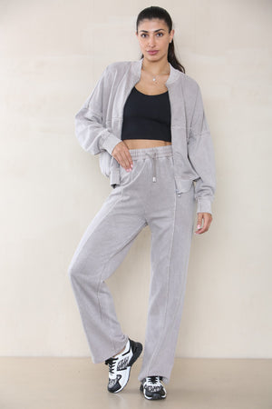Acid Wash Bomber Style Oversize Fleece Zipper & Jogger Set - Sara - Storm Desire