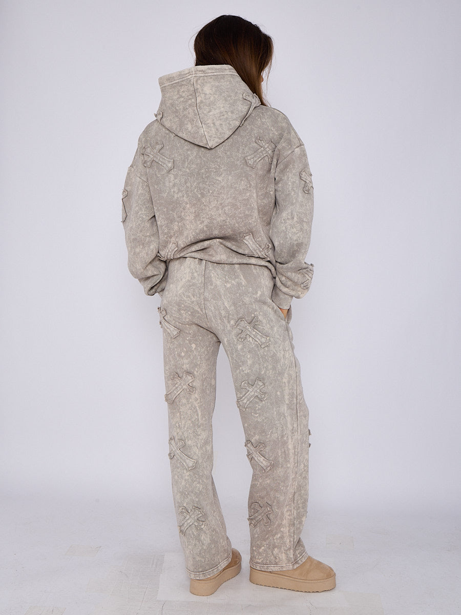 Acid Wash Crucifix Cross Hooded Tracksuit - Kayla