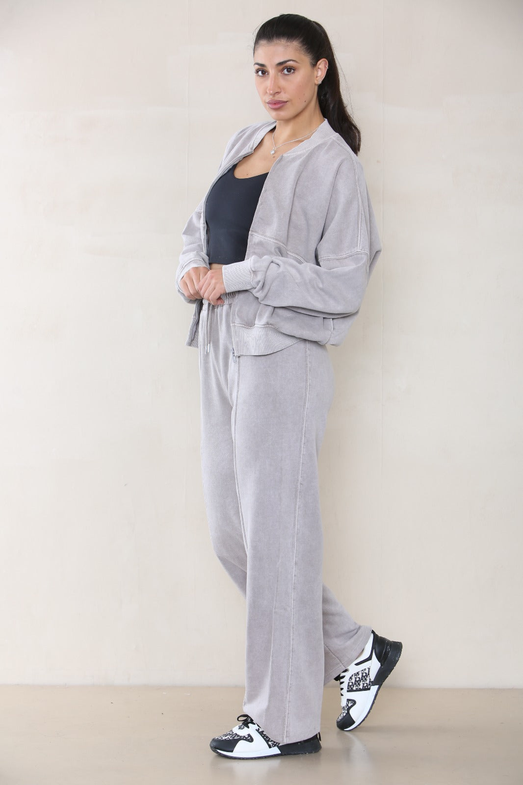Acid Wash Bomber Style Oversize Fleece Zipper & Jogger Set - Sara - Storm Desire