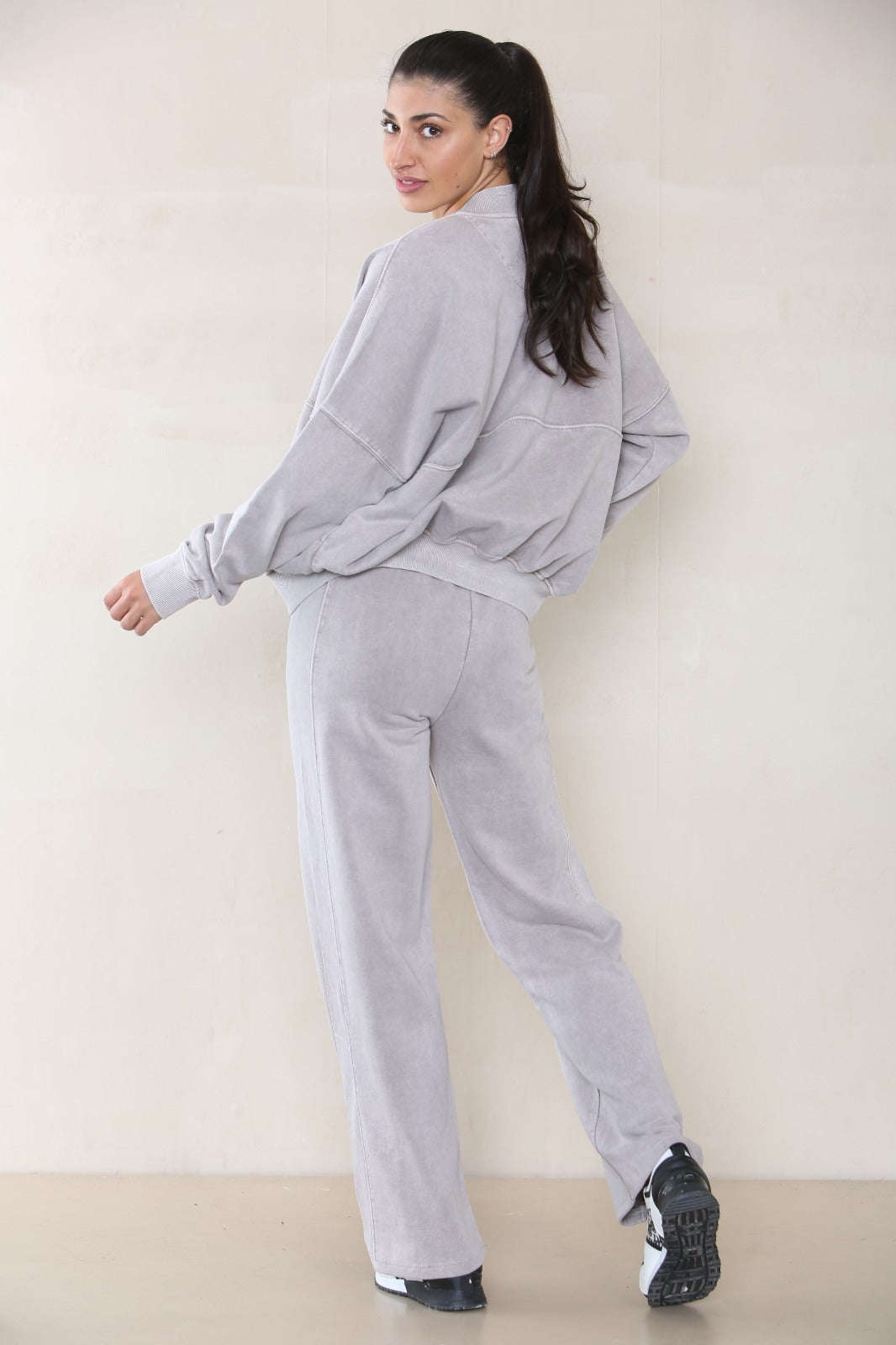 Acid Wash Bomber Style Oversize Fleece Zipper & Jogger Set - Sara - Storm Desire