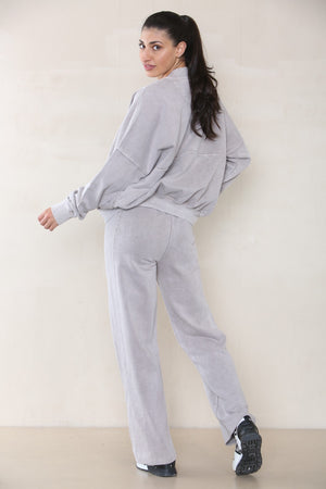Acid Wash Bomber Style Oversize Fleece Zipper & Jogger Set - Sara - Storm Desire