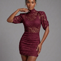 Burgundy high-neck lace bodycon mini dress with short lace sleeves