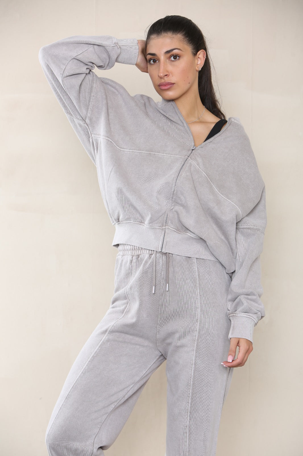 Acid Wash Bomber Style Oversize Fleece Zipper & Jogger Set - Sara - Storm Desire